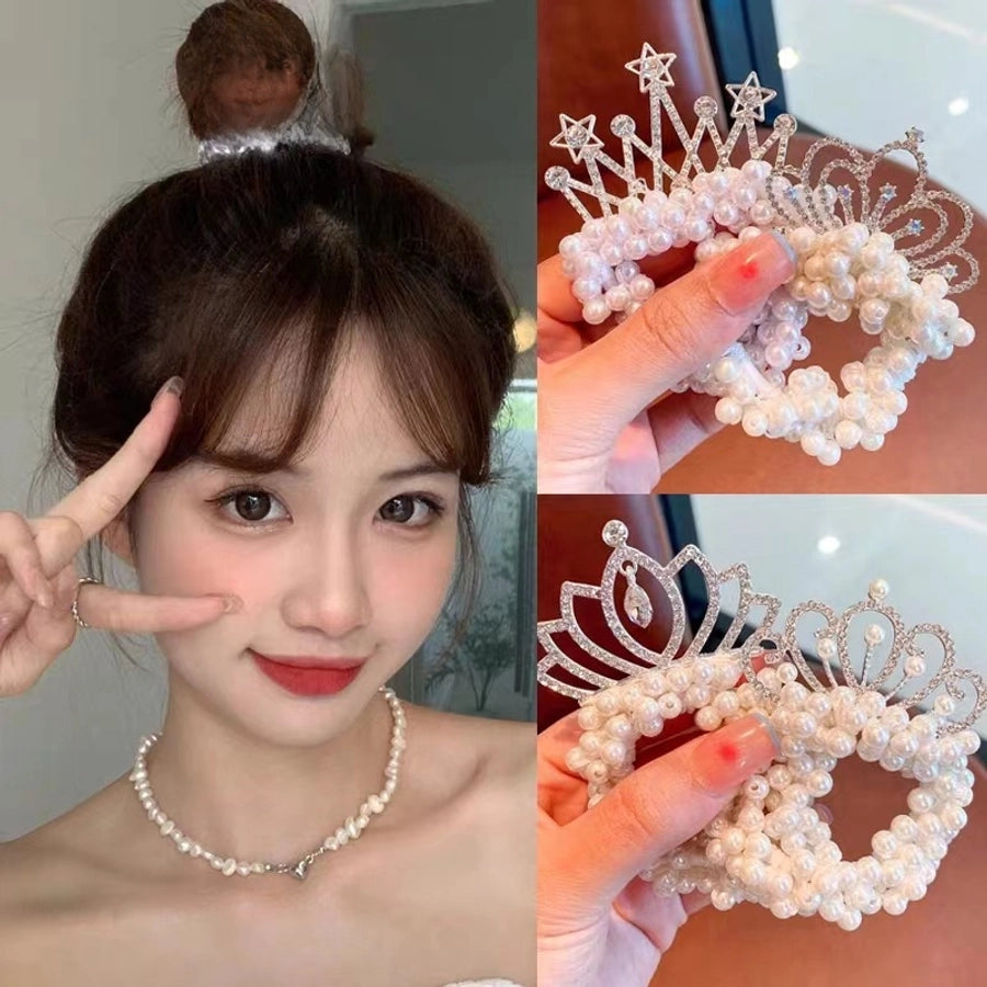 Children's Princess Crown Hair Accessories Pearl Ball Hair Loop Hair Rope Little Girl Hair  Pearl Crown