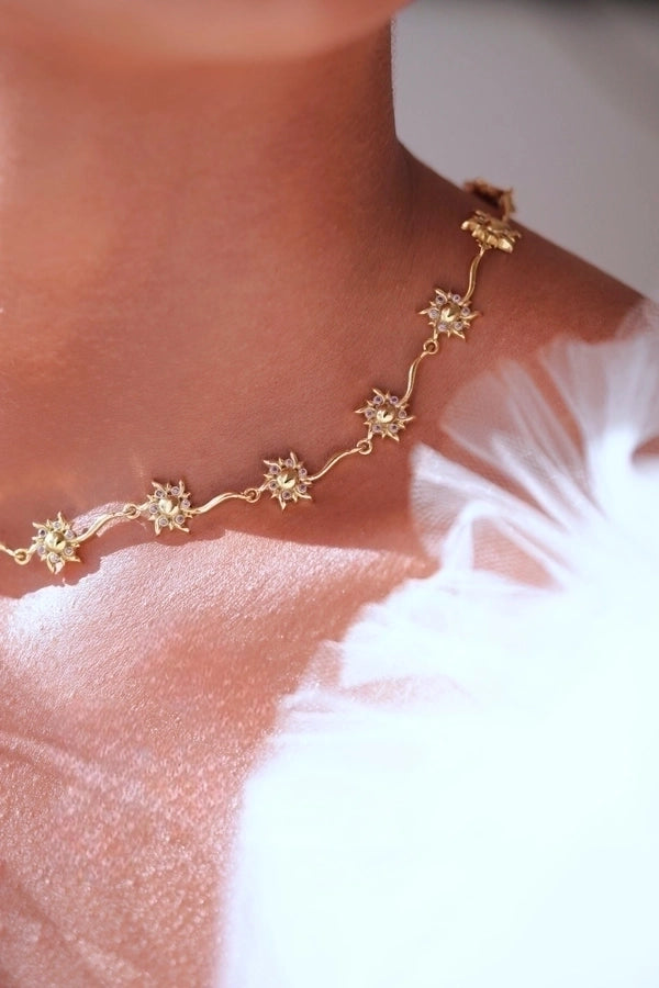 Copper 14K Gold Plated Inlay Sun rose flower Bow Knot Zircon Bracelets Necklace