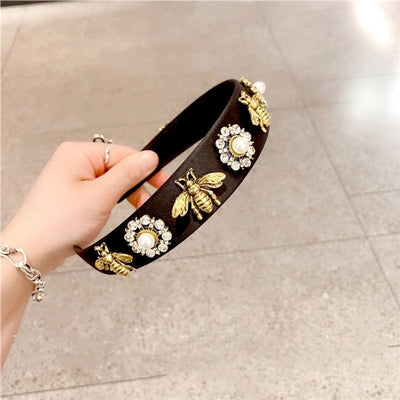 fashion flower bee alloy cloth inlay artificial pearls rhinestones hair band 1 piece