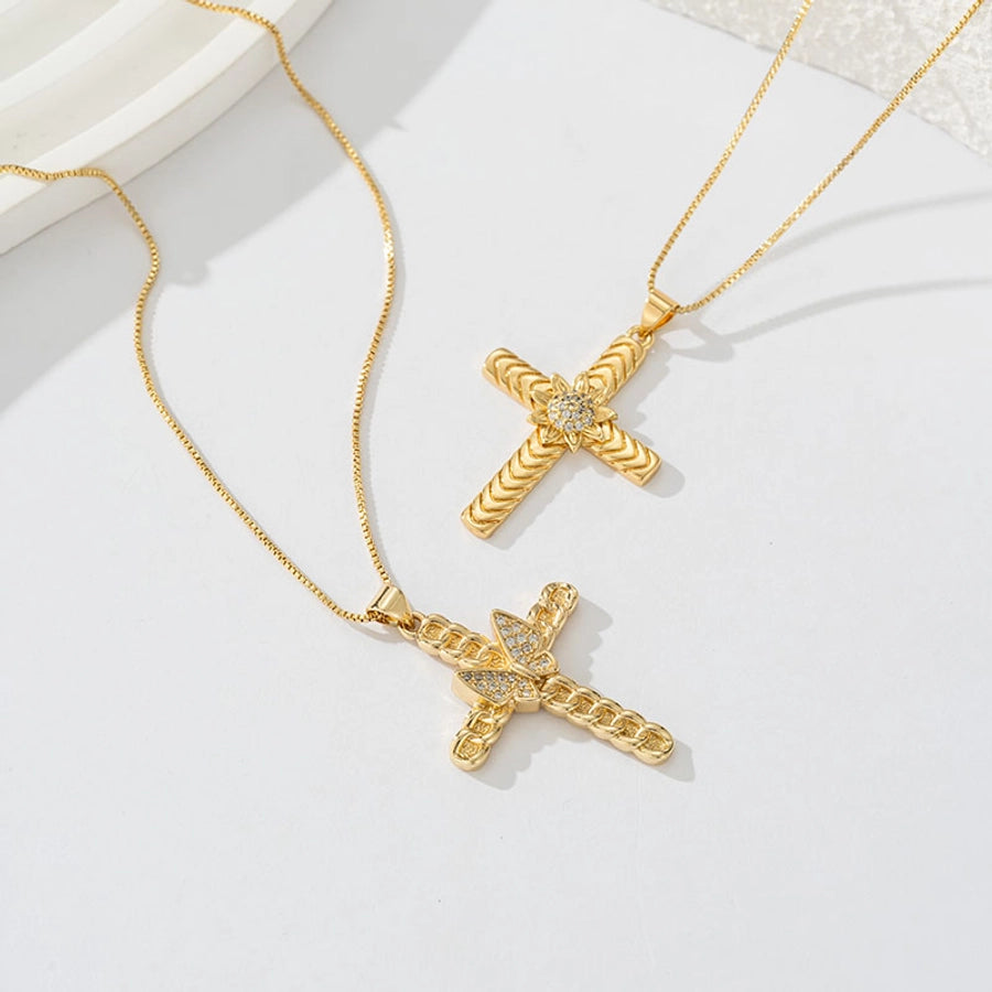Copper box chain 18K Gold Plated Inlay Carving Cross Butterfly Zircon Pendant Necklace