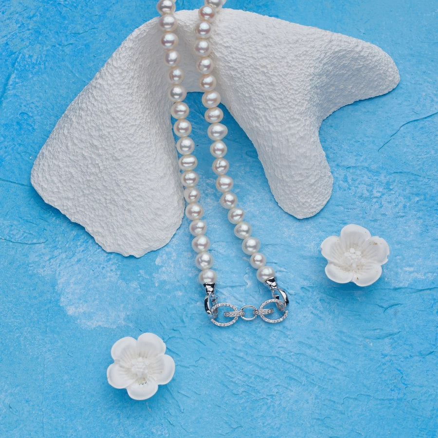 925 Sterling Silver Beaded Chain Beaded Metal Button Round Freshwater Pearl Necklace