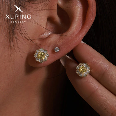 1 Pair XUPING Sweet Simple Style Flower Plating Copper Artificial Gemstones 18K Gold Plated Ear Studs