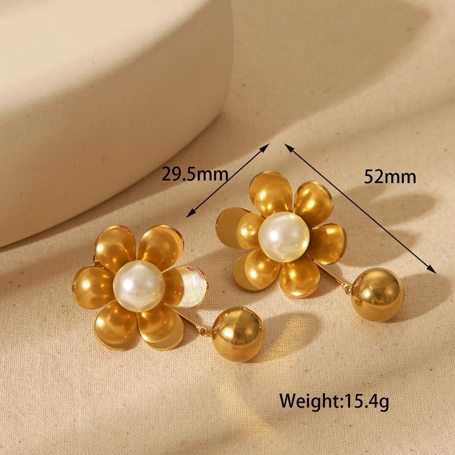 1 Pair Luxurious Simple Style Commute Leaf Flower Inlay 304 Stainless Steel Imitation Pearl 18K Gold Plated Drop Earrings