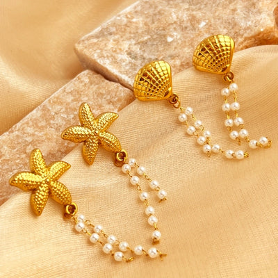 1 Pair Elegant Retro Starfish Shell Plating Inlay 201 Stainless Steel Pearl 18K Gold Plated Drop Earrings