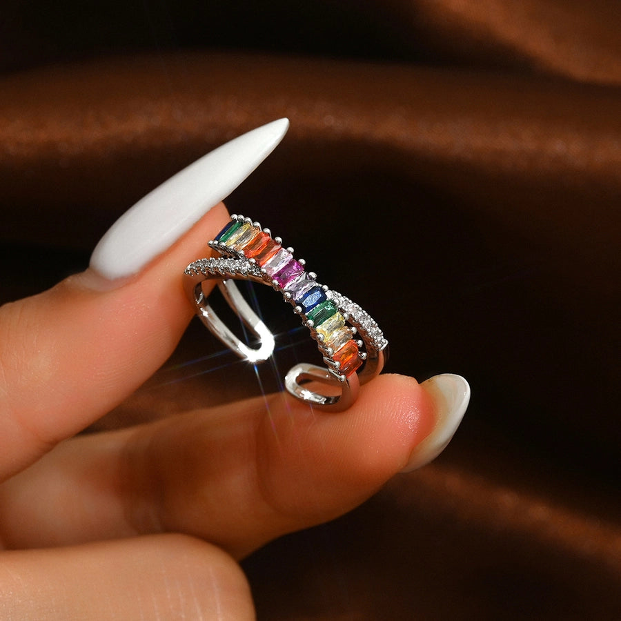 Copper 18K Gold Plated Irregular Inlay Geometric Zircon Open Rings