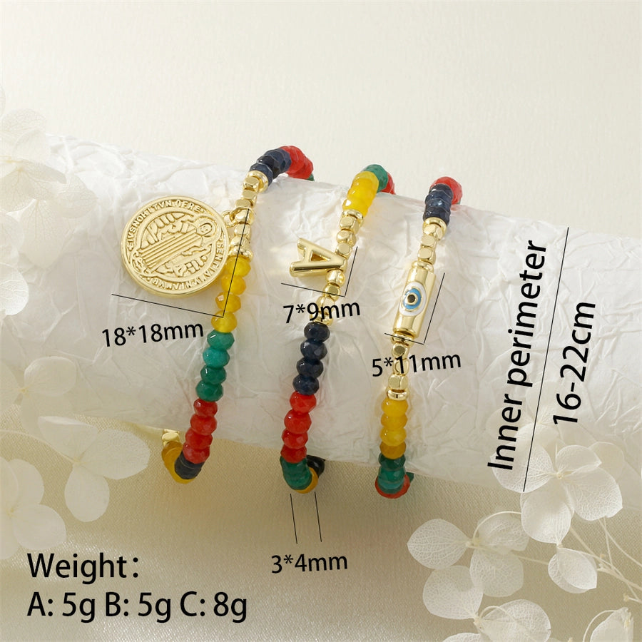 Copper 18K Gold Plated Beaded Enamel Letter Devil's Eye Bracelets