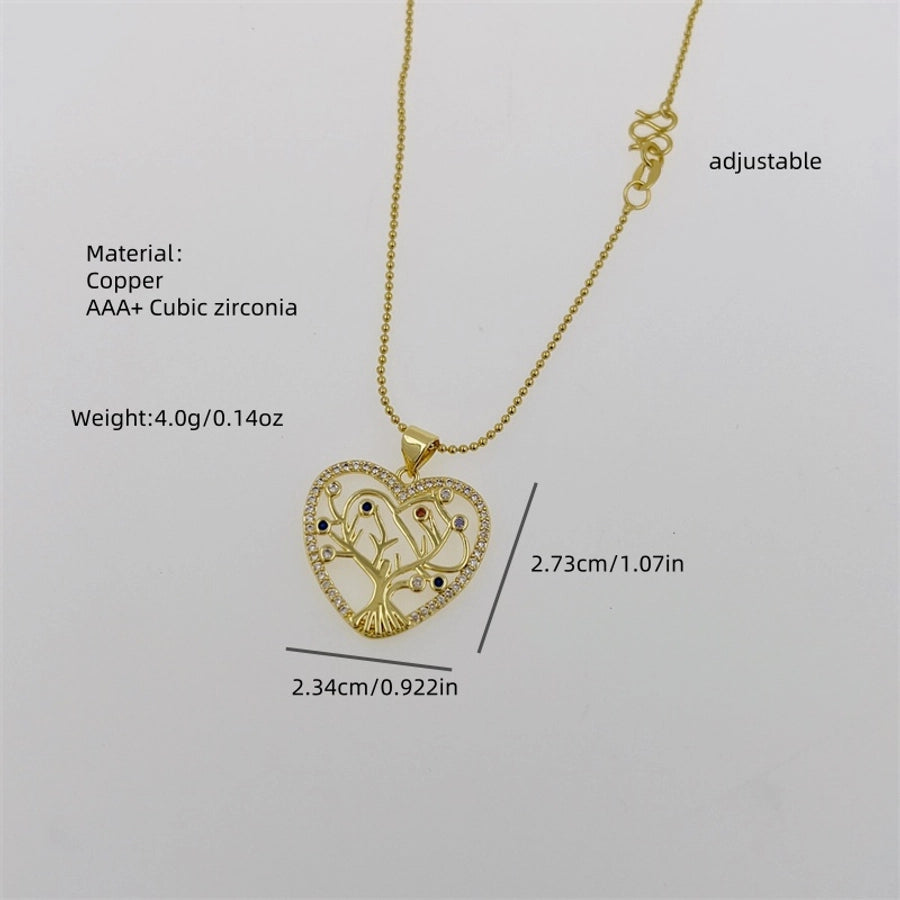 Copper 18K Gold Plated Inlay Round Heart Shape Life Tree Zircon Pendant Necklace