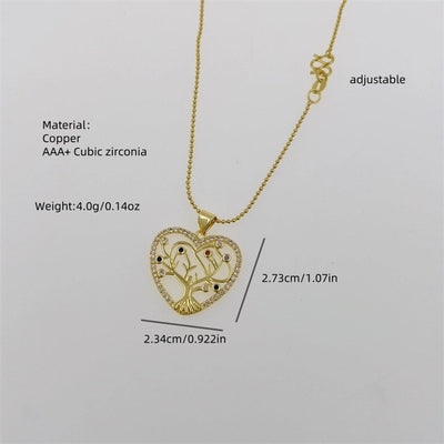 Copper 18K Gold Plated Inlay Round Heart Shape Life Tree Zircon Pendant Necklace