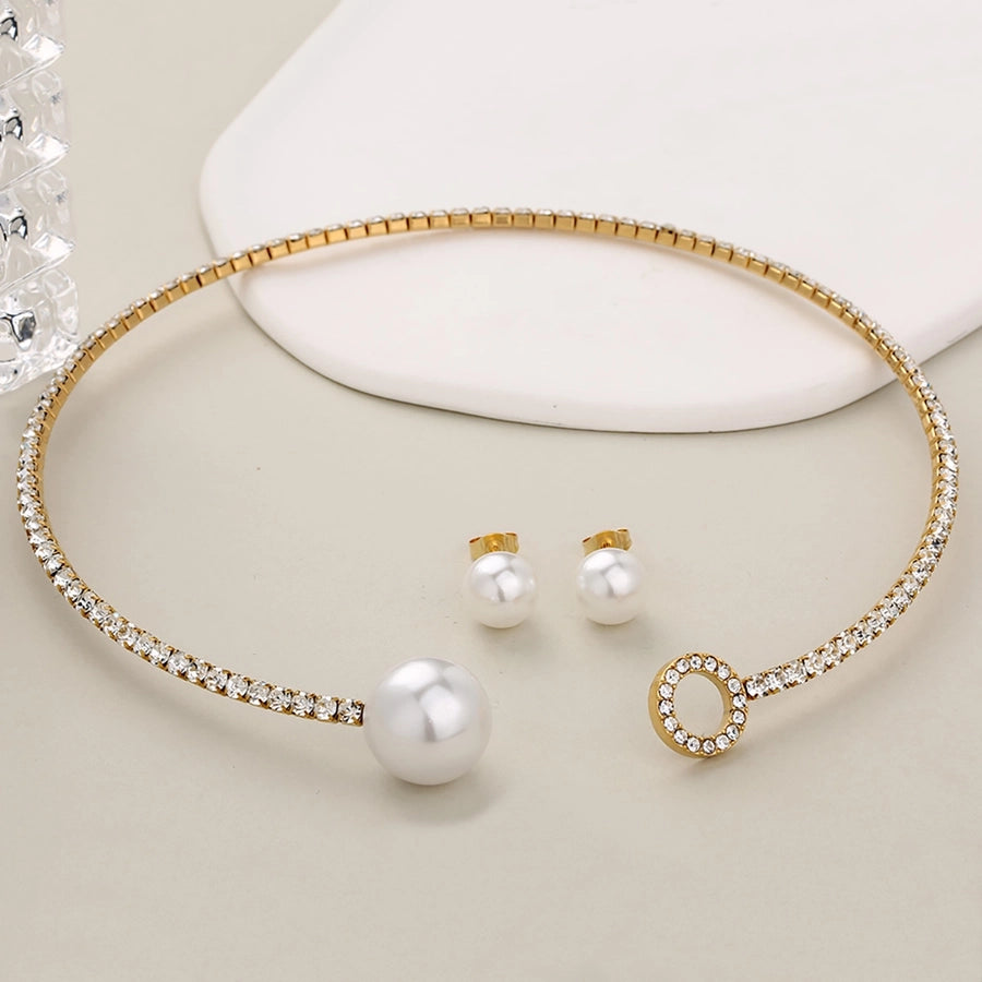 Jewelry Glam Luxurious Shiny Circle Square Heart Shape 304 Stainless Steel Imitation Pearl Rhinestone Jewelry Set