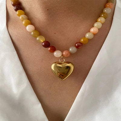 Jewelry Elegant Beach Heart Shape 316L Stainless Steel  Natural Stone 18K Gold Plated Beaded Pendant Necklace