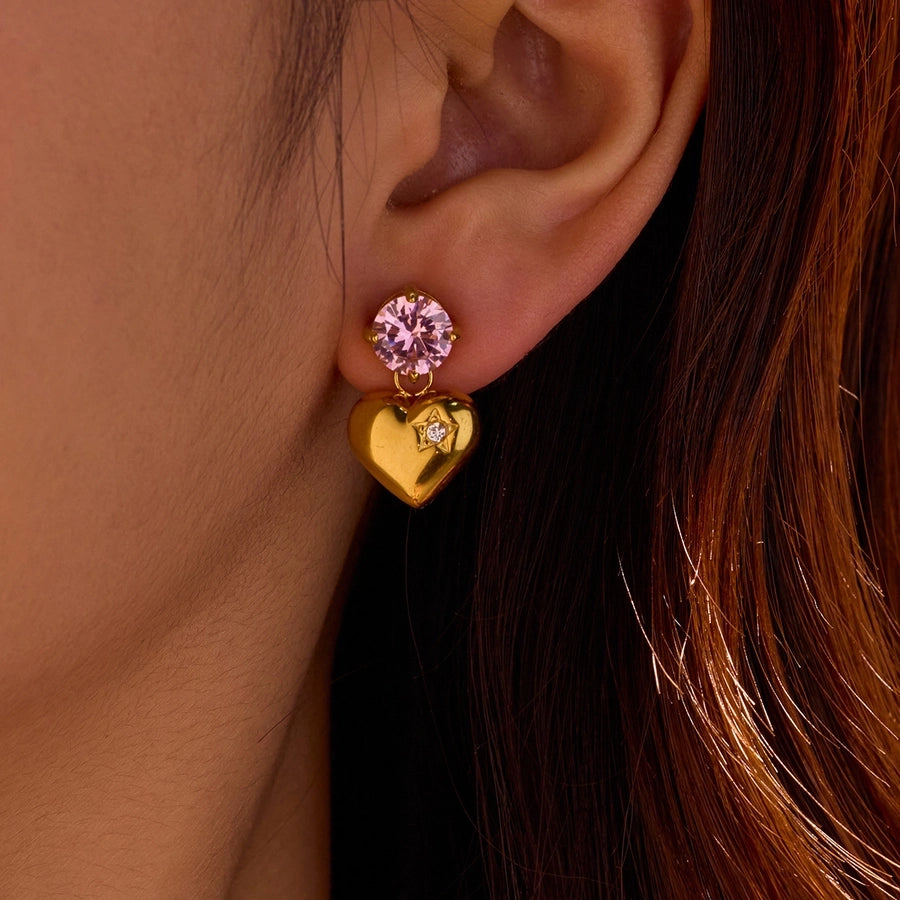 1 Pair Retro Sweet Round Heart Shape Inlay 304 Stainless Steel Zircon 18K Gold Plated Drop Earrings