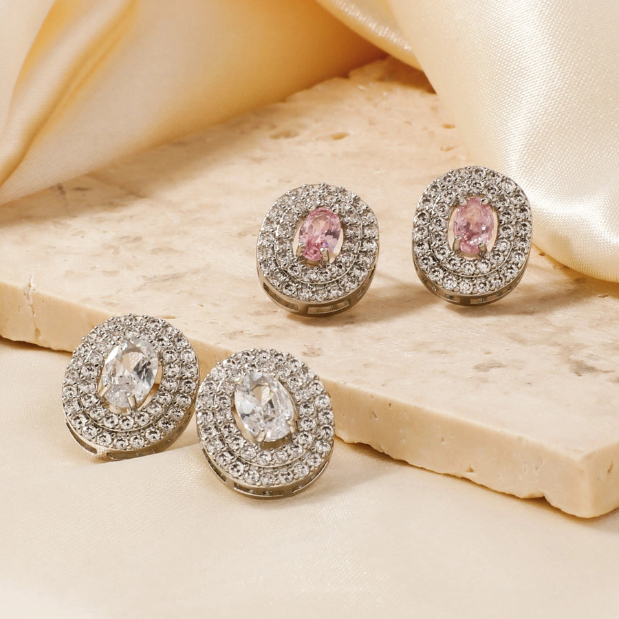 1 Pair Retro Sweet Shiny Oval Inlay Copper Glass Zircon Rhodium Plated Ear Studs