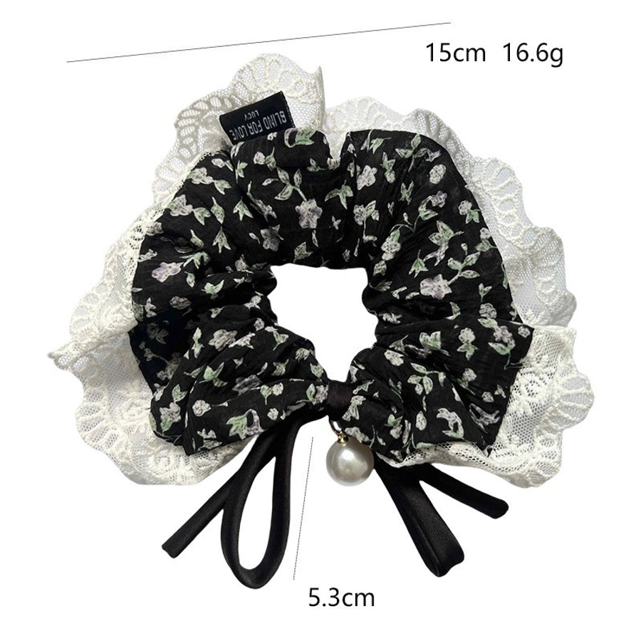 Women's Japanese Style Sweet Flower Cloth Handmade Pearl Lace Hair Tie