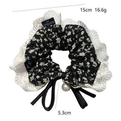Women's Japanese Style Sweet Flower Cloth Handmade Pearl Lace Hair Tie