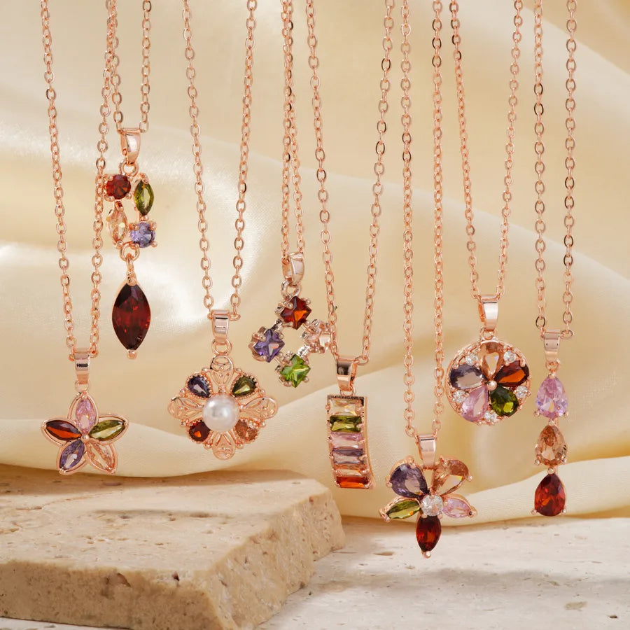 Wholesale Jewelry Sweet Shiny Flower Copper Glass K Gold Plated Inlay Jewelry Set cable chain