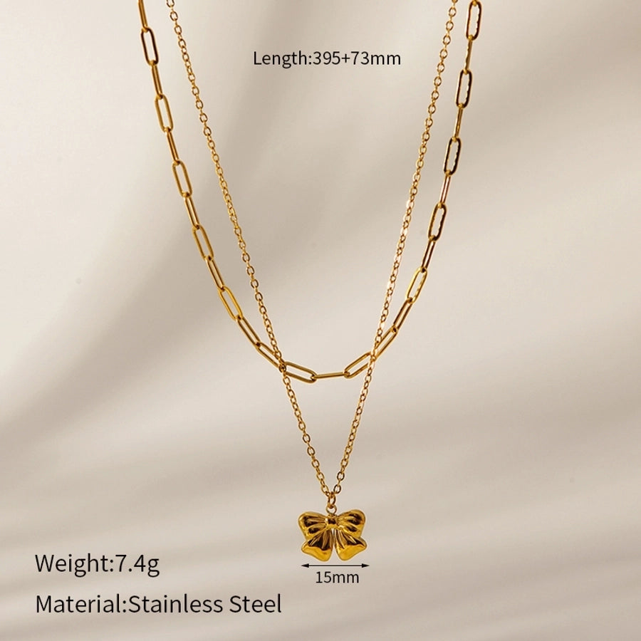 Jewelry IG Style Sweet Bow Knot 304 Stainless Steel Zircon Hollow Out Inlay Double Layer Necklaces