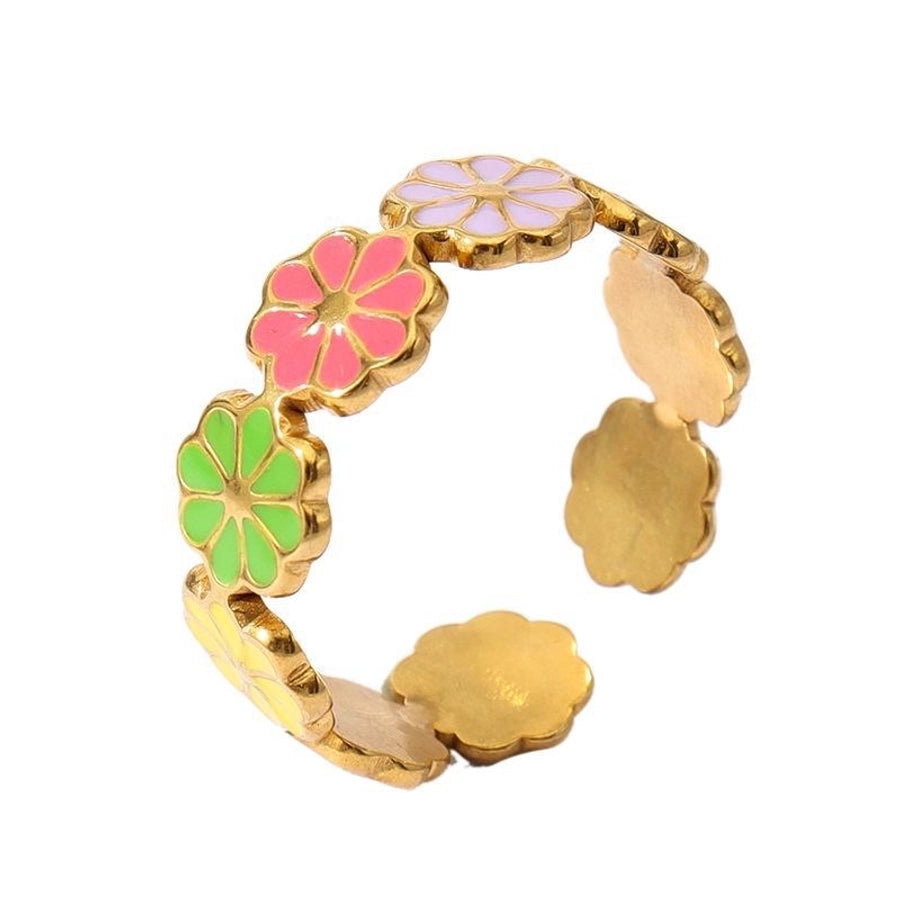 Jewelry Retro Sweet Stripe Flower 304 Stainless Steel Enamel Open Rings