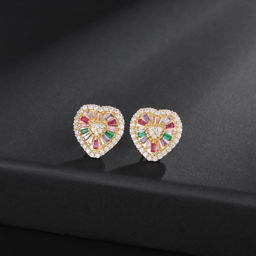1 Pair Simple Style Shiny Heart Shape Inlay Copper Zircon 18K Gold Plated Ear Studs