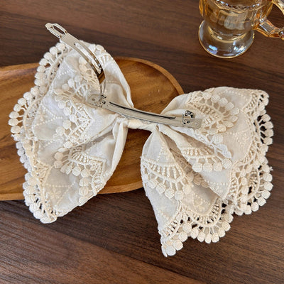 Korean Style White Lace Embroidered Bow Half-Tie Hairpin Women's Head  New Style High-end Elegant Headwear