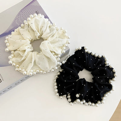 Large Embroidered Pearl Mesh Large Intestine Hair Ring Ponytail Hair String Retro Simple French High-End Hepburn Style Hair Accessories for Women