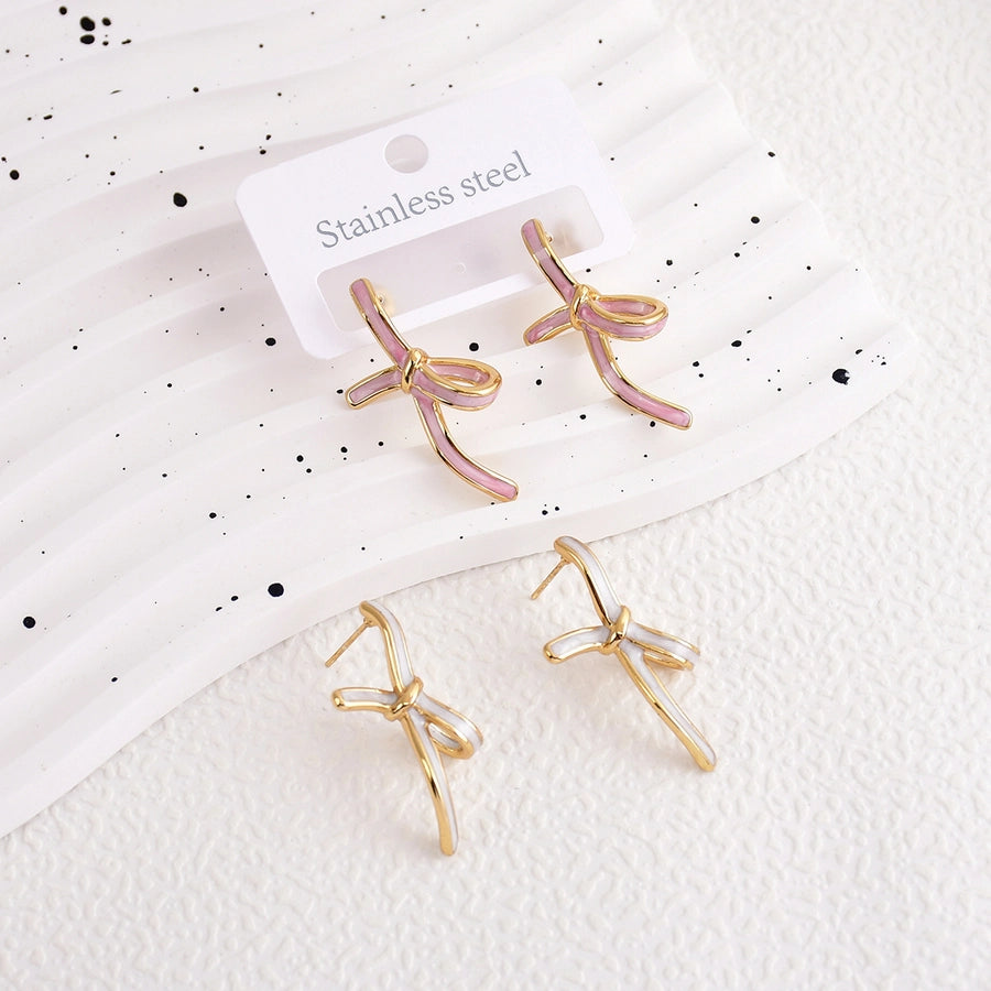 1 Pair Sweet Bow Knot Enamel 304 Stainless Steel Ear Studs
