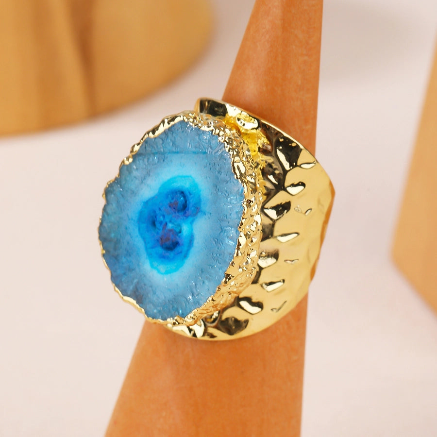 Natural Crystal Copper 14K Gold Plated Inlay Asymmetrical Irregular Crystal Open Rings