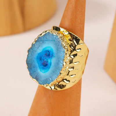 Natural Crystal Copper 14K Gold Plated Inlay Asymmetrical Irregular Crystal Open Rings