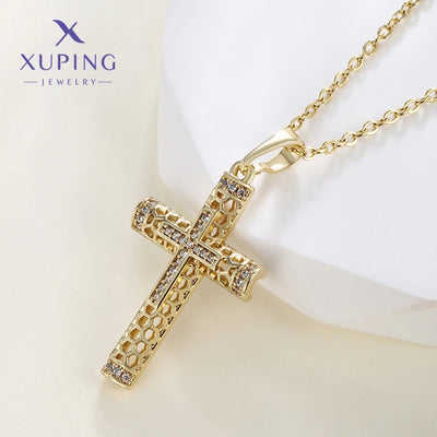 Copper 18K Gold Plated Plating Hollow Out Inlay Cross Zircon Pendant Necklace