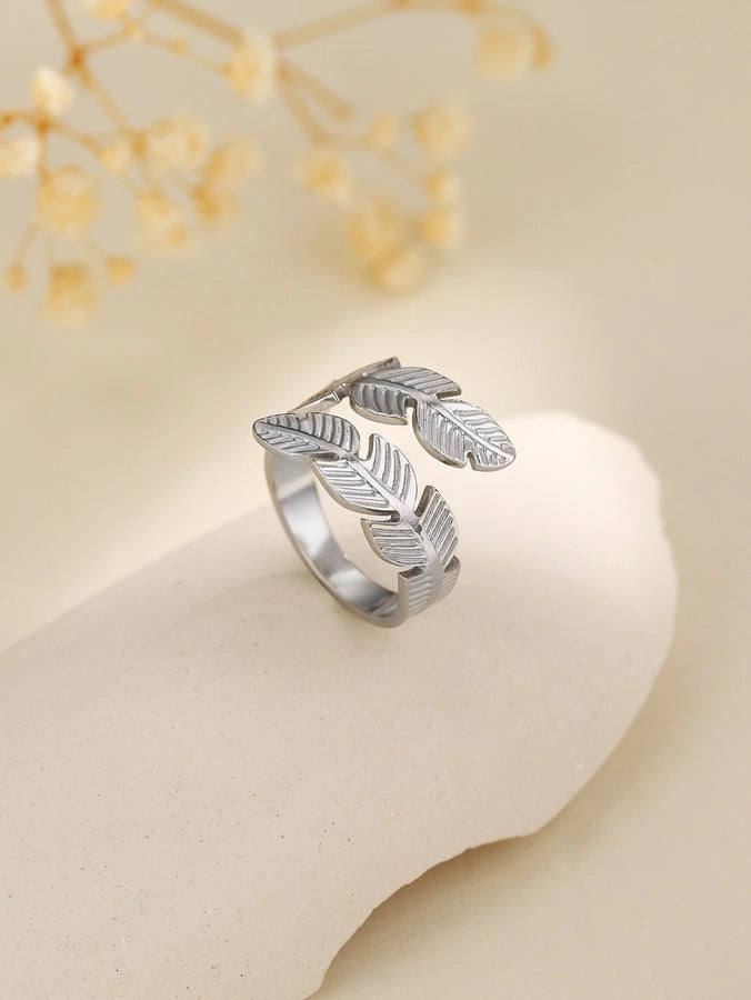 Jewelry Elegant Leaves Feather 304 Stainless Steel Open Rings