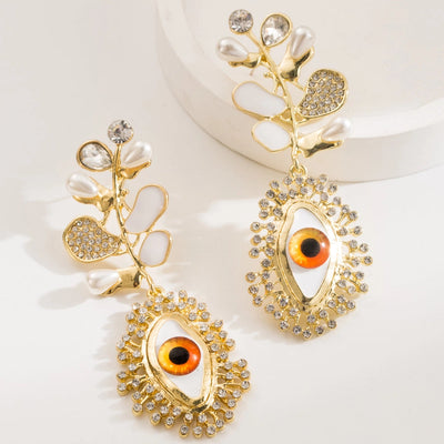 1 Pair Exaggerated Vacation Devil's Eye Inlay Alloy Resin Rhinestones Beads Gold Plated Drop Earrings