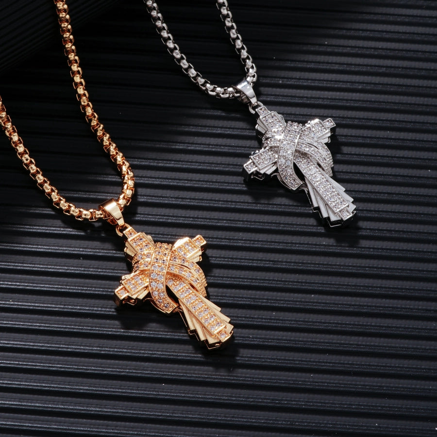 304 Stainless Steel Copper Inlay Cross Zircon Pendant Necklace