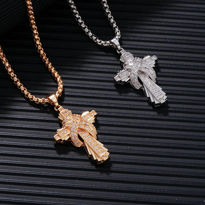 304 Stainless Steel Copper Inlay Cross Zircon Pendant Necklace