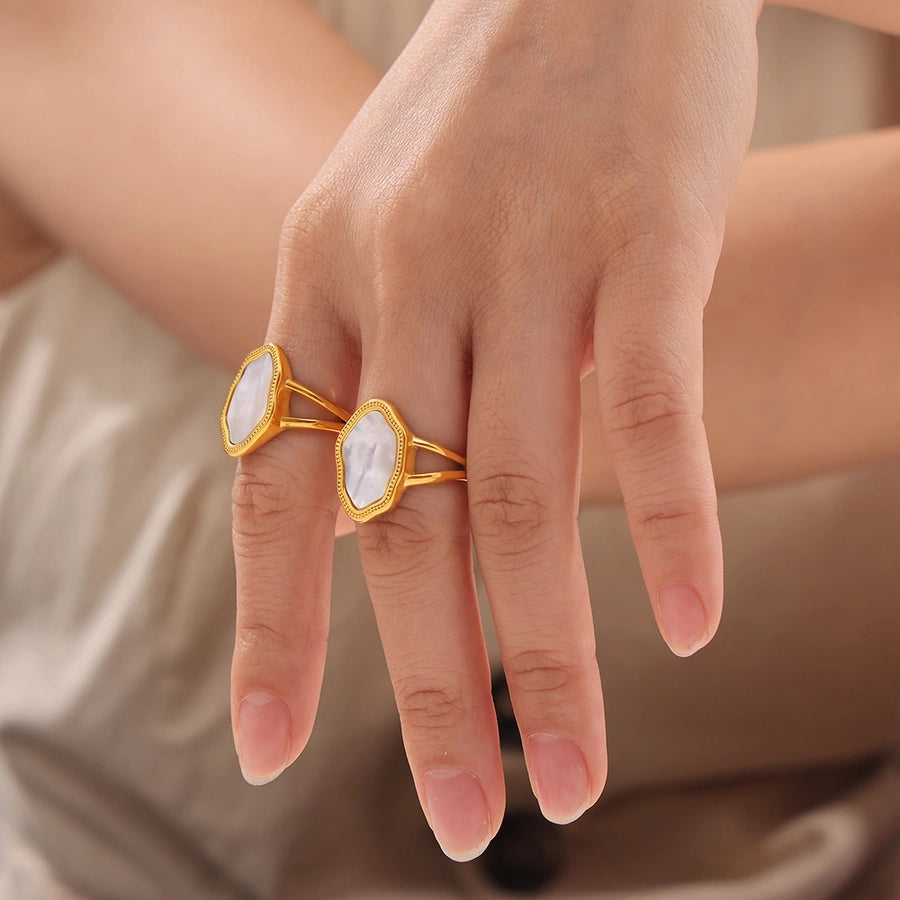 Jewelry Elegant Baroque Style Irregular Titanium Steel Shell 18K Gold Plated Inlay Open Rings