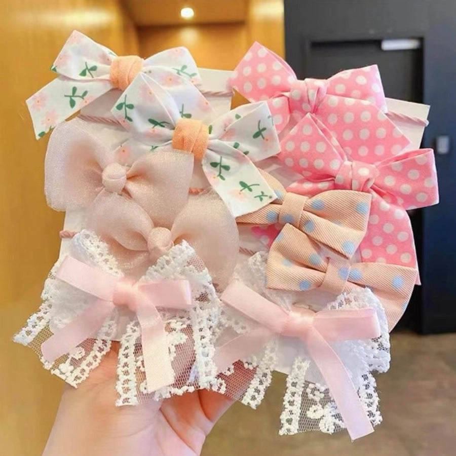 cute plaid flower bow knot cloth inlaid pearls hair tie 1 set