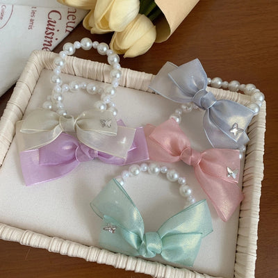 Women's Korean Style IG Style Bow Knot Imitation Pearl Gauze Beaded Hair Tie