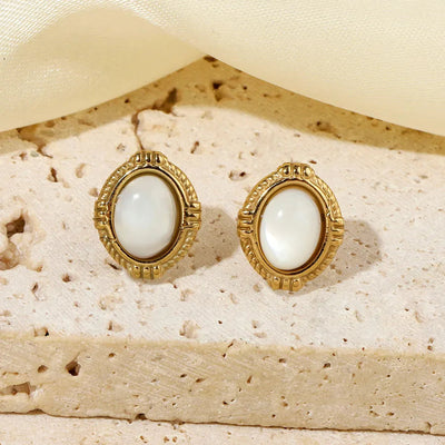 One Pack and Two Pairs Retro French Style Geometric Plating Titanium Steel Natural Stone 14K Gold Plated Ear Studs