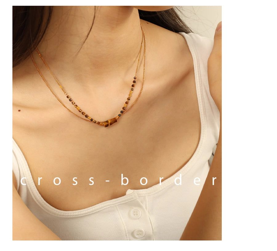 Jewelry IG Style Vintage Style Geometric 304 Stainless Steel Tiger Eye 18K Gold Plated Polishing Double Layer Necklaces