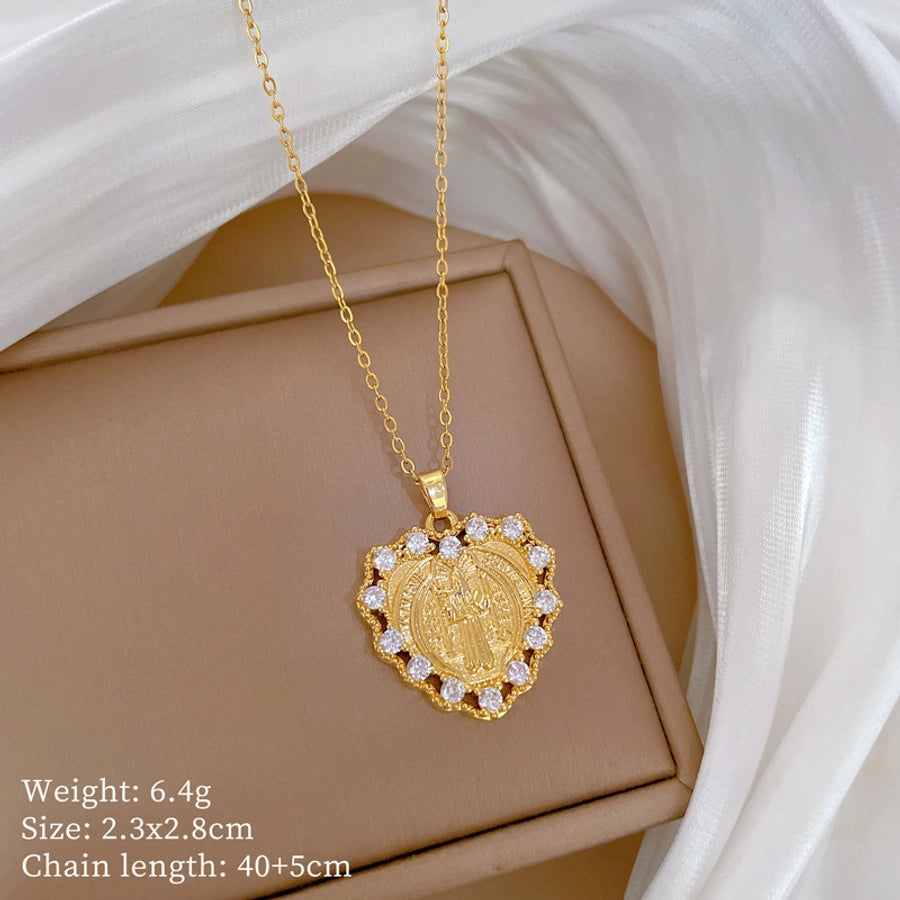 Jewelry Classic Style Roman Style Portrait Heart Shape Titanium Steel Copper Zircon Gold Plated Pendant Necklace