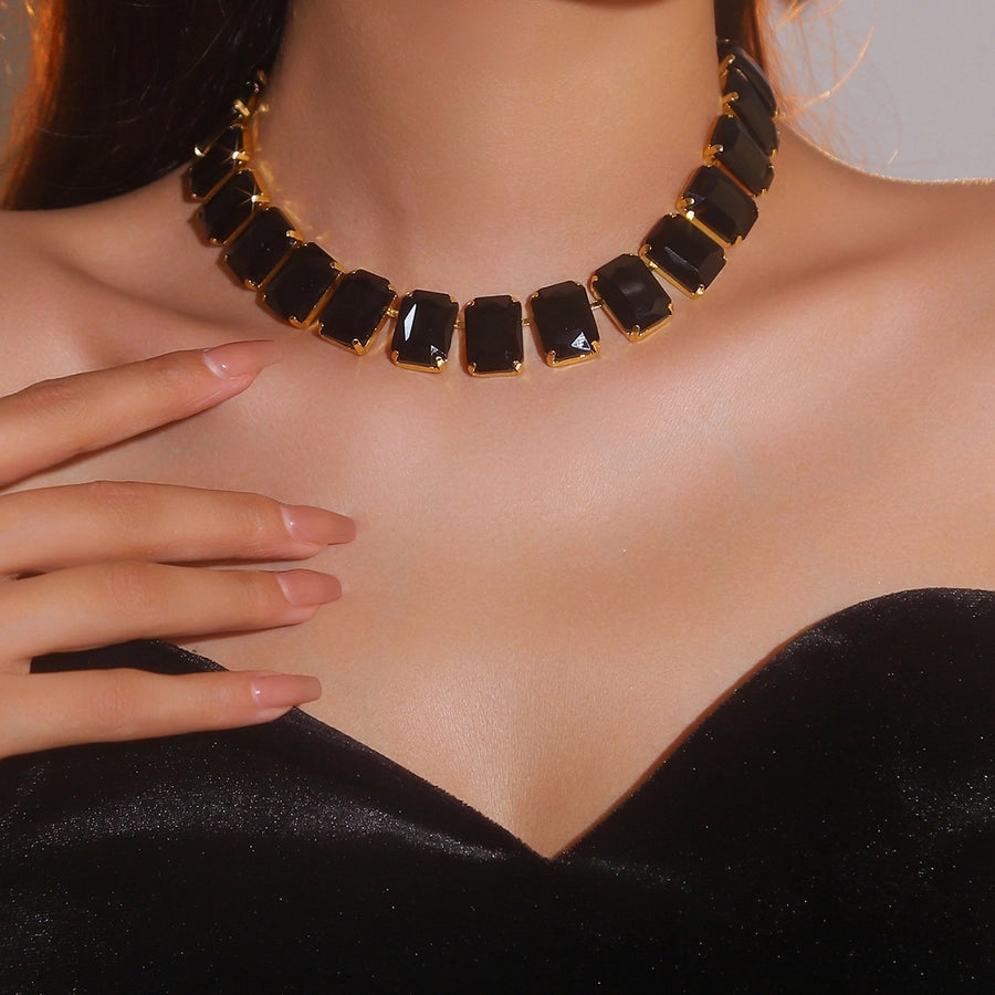 Copper Tennis Chain Inlay Rectangle Rhinestones Pendant Necklace