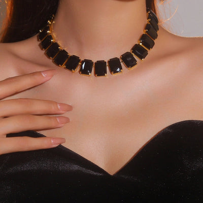 Copper Tennis Chain Inlay Rectangle Rhinestones Pendant Necklace