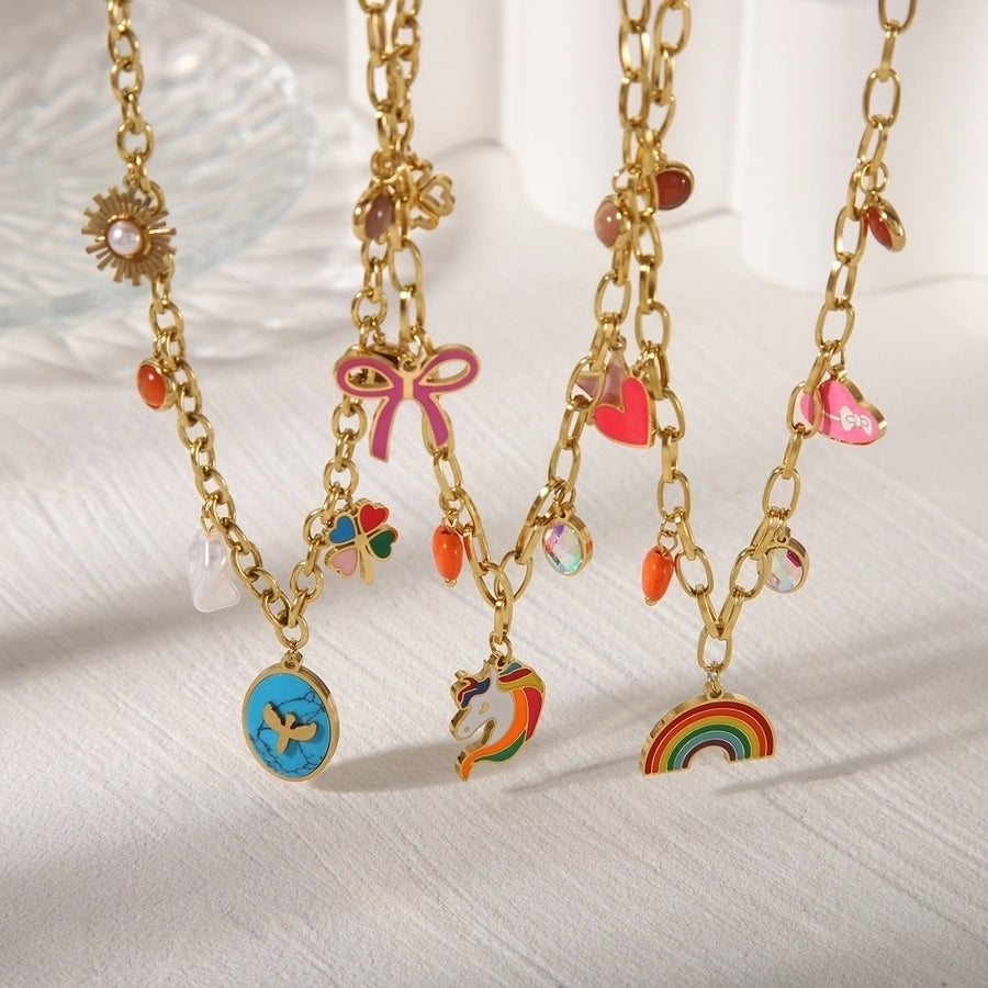 Jewelry Simple Style Classic Style Commute Rainbow Star Heart Shape 304 Stainless Steel Acrylic 18K Gold Plated Enamel Inlay Double Layer Necklaces