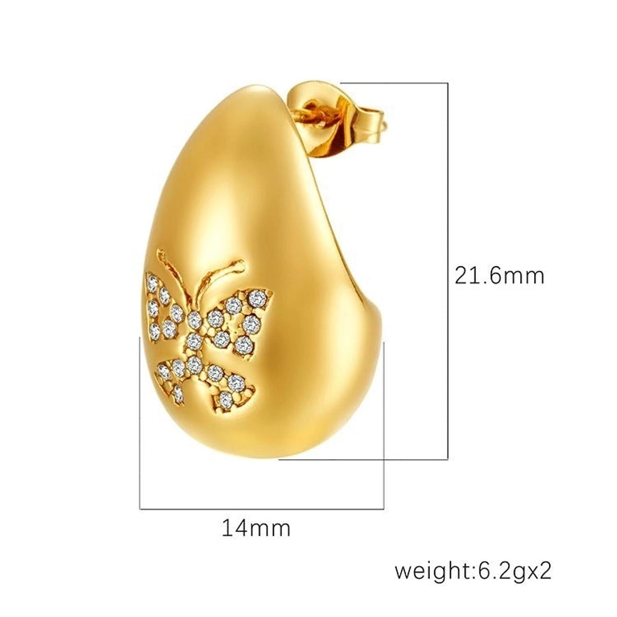 1 Pair IG Style Water Droplets Butterfly Plating Inlay 304 Stainless Steel Rhinestones 18K Gold Plated Ear Studs