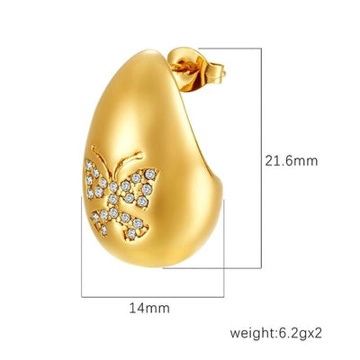 1 Pair IG Style Water Droplets Butterfly Plating Inlay 304 Stainless Steel Rhinestones 18K Gold Plated Ear Studs