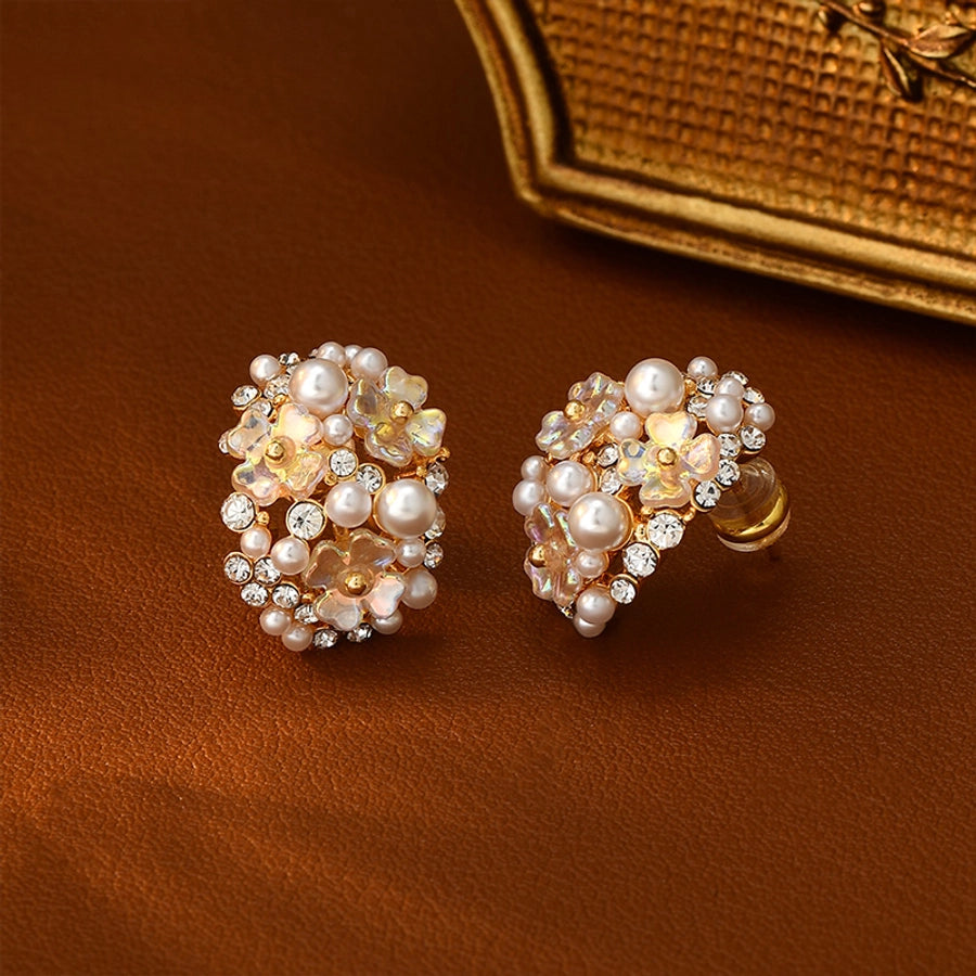 1 Pair Glam Luxurious French Style Flower Inlay Copper Freshwater Pearl Zircon 18K Gold Plated Ear Studs