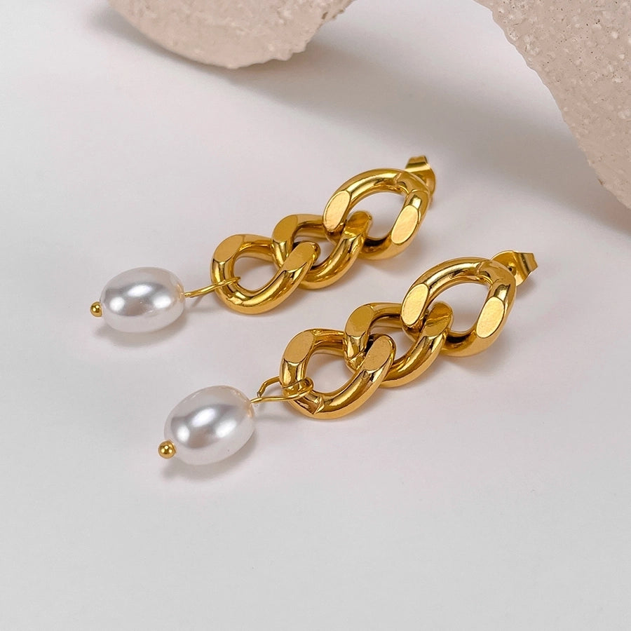 1 Pair French Style Geometric Pearl chain 304 Stainless Steel 18K Gold Plated Drop Earrings