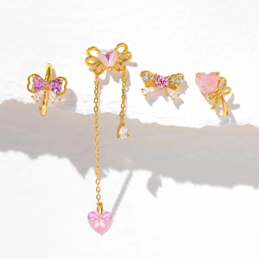 4 Pieces Set Sweet Simple Style Heart Shape Bow Knot Copper Copper Earrings Sets