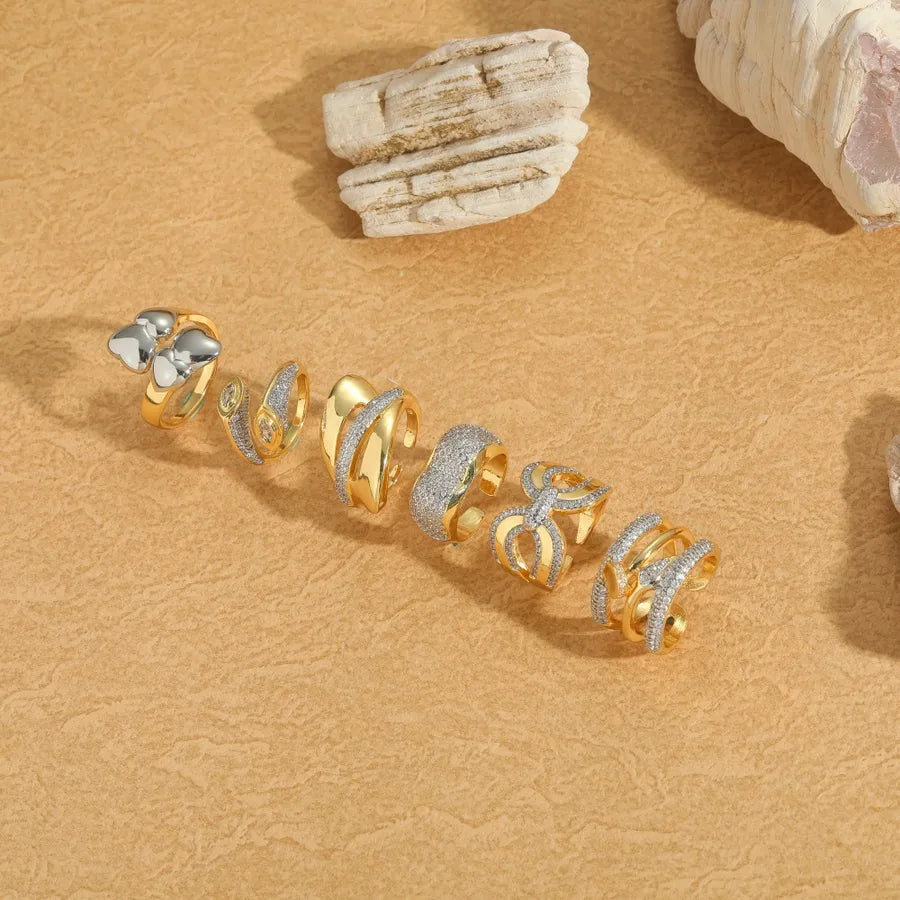 Wholesale Jewelry Casual Retro Solid Color Copper Zircon 14K Gold Plated Hollow Out Open Rings