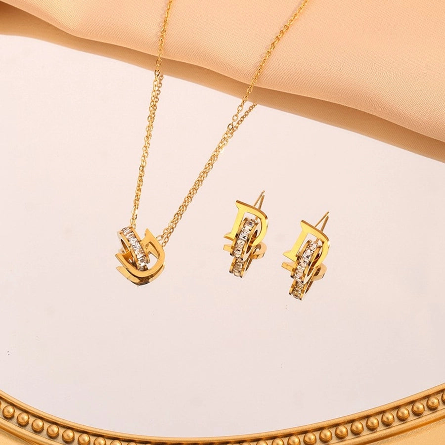 Jewelry Vacation Simple Style Commute Geometric 304 Stainless Steel Artificial Rhinestones 18K Gold Plated Plating Jewelry Set