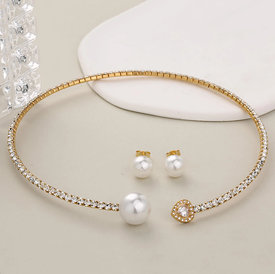 Jewelry Glam Luxurious Shiny Circle Square Heart Shape 304 Stainless Steel Imitation Pearl Rhinestone Jewelry Set