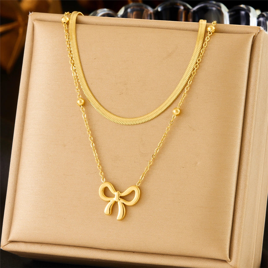 Jewelry Vintage Style Sweet Bow Knot 304 Stainless Steel Double Layer Necklaces